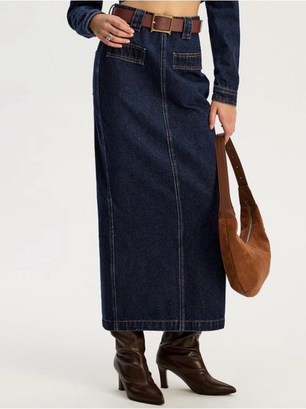 Commence Dark Wash Denim Maxi Skirt w Front/rear pockets, deep slit in back sz M